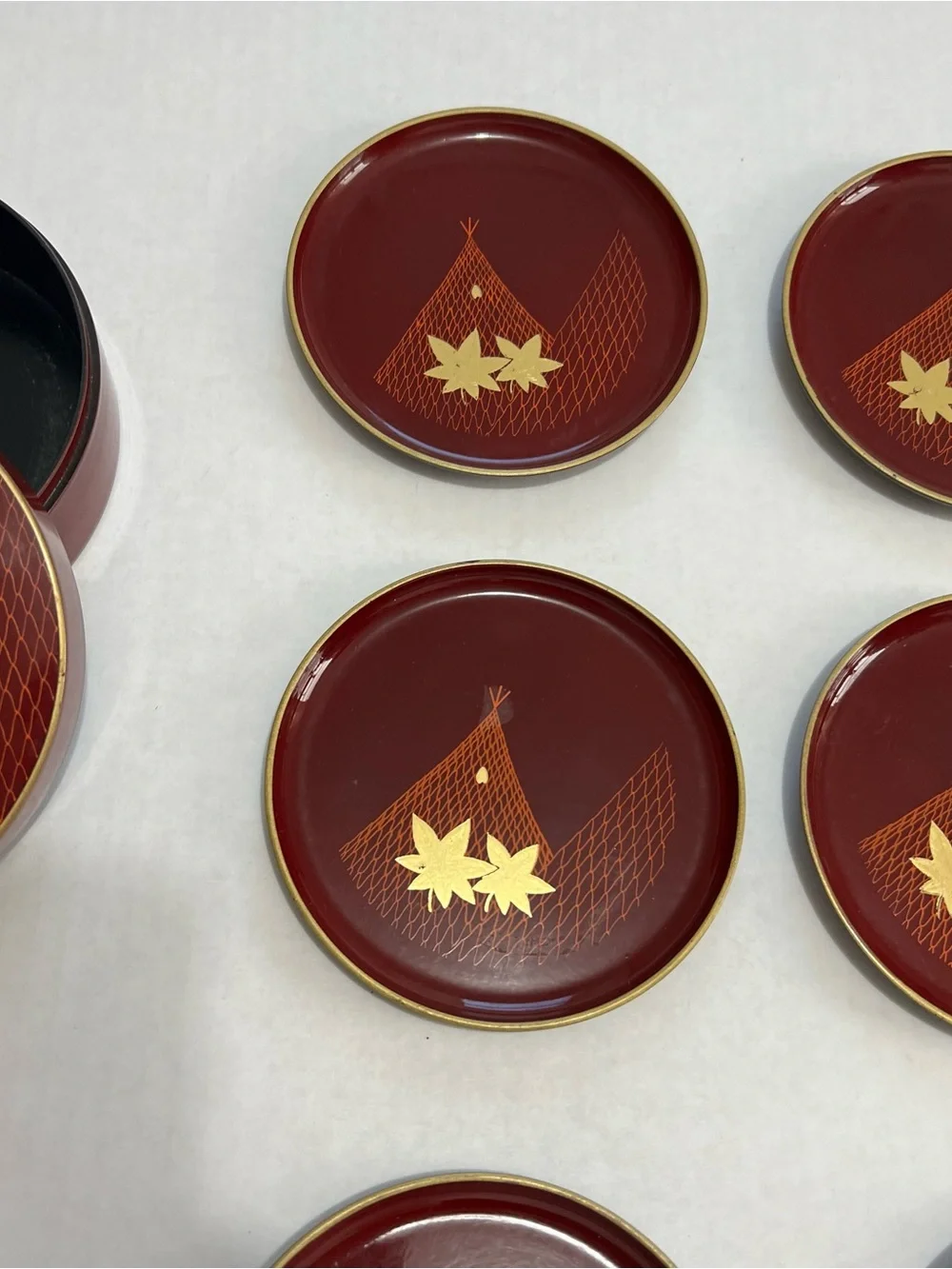 Otagiri Japan Vintage Set Of 6 Maroon Gold Leaf Coasters With Storage